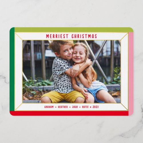 MERRY CHRISTMAS family photo color block border Foil Holiday Card
