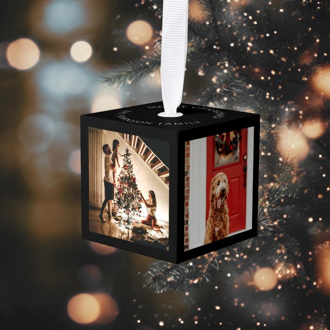 Merry Christmas Family Photo Cube Black White Ornament (Creator Uploaded)