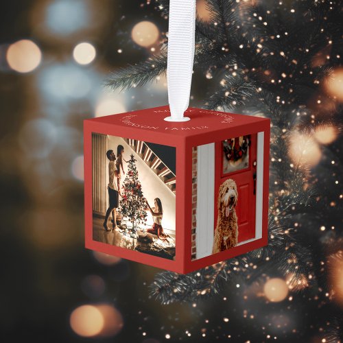 Merry Christmas Family Photo Cube Red Cube Ornament