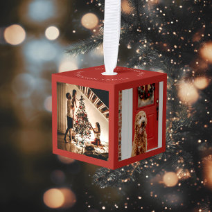 Merry Christmas Family Photo Cube Red Ornament