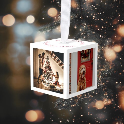Merry Christmas Family Photo Cube Red White Cube Ornament