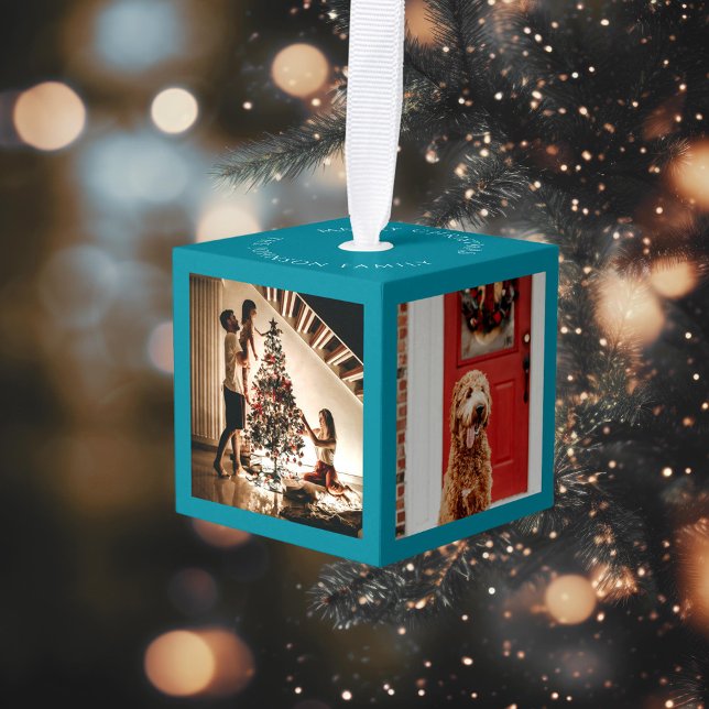 Merry Christmas Family Photo Cube Turquoise Ornament (Creator Uploaded)