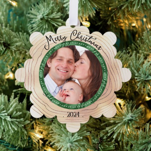Merry Christmas Family Photo Custom GREEN Ornament Card