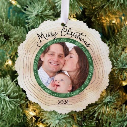 Merry Christmas Family Photo Custom GREEN Ornament Card