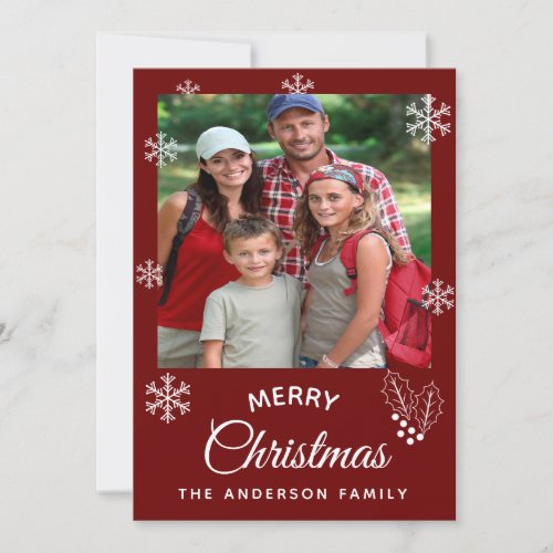 Merry Christmas family photo dark red script Holiday Card