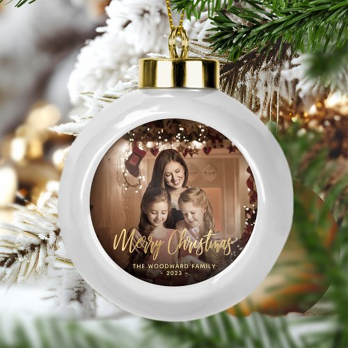 Merry Christmas Family Photo Elegant Gold Script Ceramic Ball Christmas Ornament