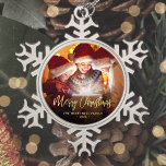 Merry Christmas Family Photo Elegant Gold Script Snowflake Pewter Christmas Ornament<br><div class="desc">Spread holiday cheer to friends and family with this modern keepsake ornament. The gold faux foil text reads "Merry Christmas" in elegant handwriting script. Replace the sample image with your favorite photo,  and add your family name and the year. A black gradient filter helps make the text pop.</div>