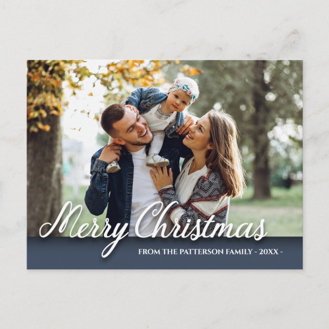 Merry Christmas Family Photo Elegant Modern Blue Postcard (Front)
