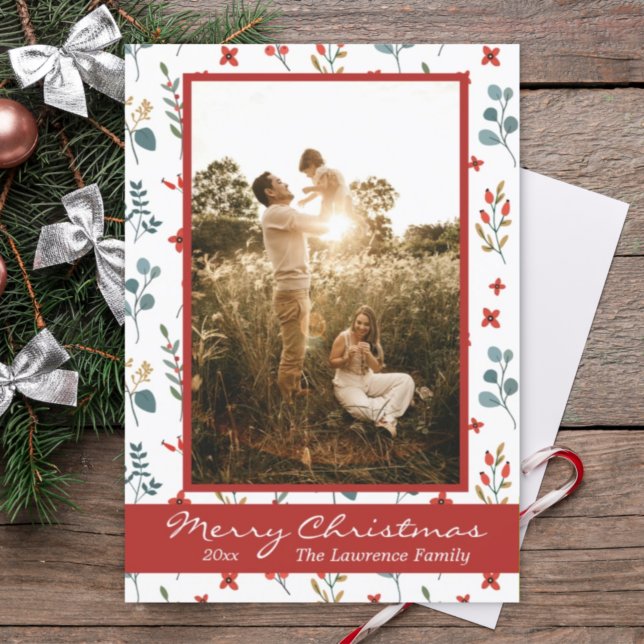Merry Christmas Family Photo Eucalyptus Berries Holiday Card (Creator Uploaded)