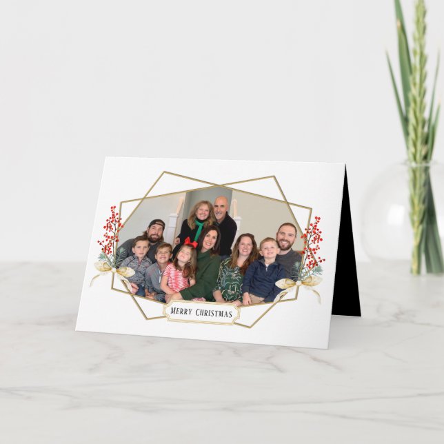 Merry Christmas Family Photo Gold Geometric Frame Holiday Card (Front)
