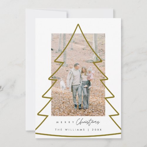 Merry Christmas Family Photo Gold Xmas Tree Frame Holiday Card