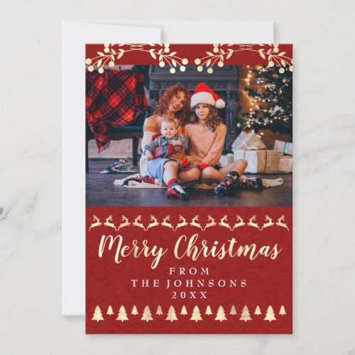 Merry Christmas Family Photo Golden Rustic Classy Holiday Card