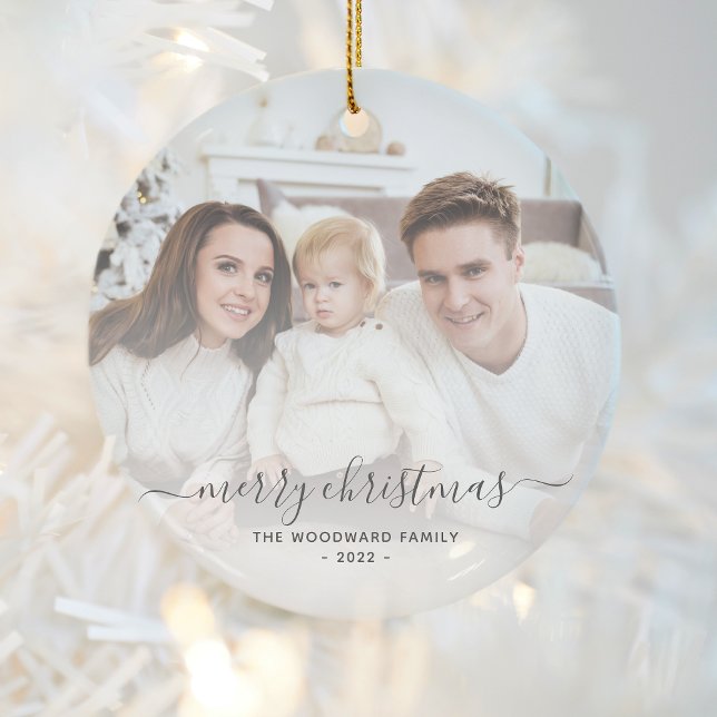Merry Christmas Family Photo Gray Script Ceramic Ornament (Creator Uploaded)