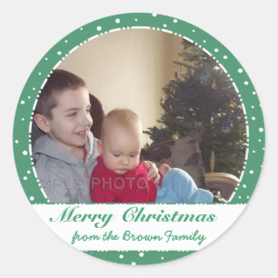 Merry Christmas Family Photo Green Circle Stickers