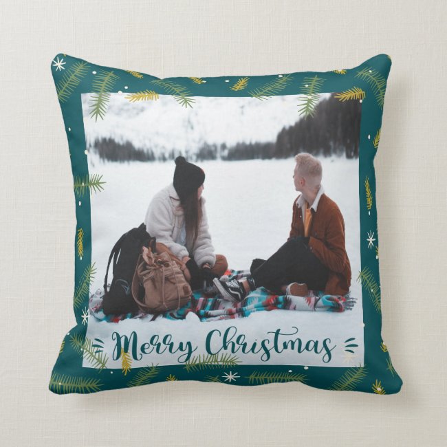 Merry Christmas Family Photo Green Frame Throw Pillow