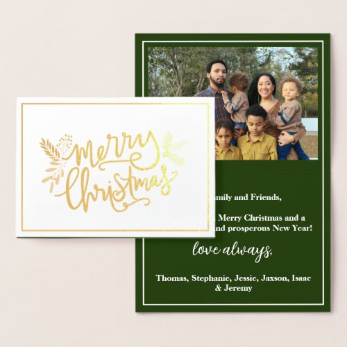 Merry Christmas Family Photo Green Gold Foil Card