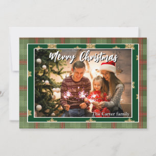 Merry Christmas Family Photo Green Red Plaid Invitation