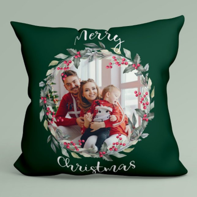 Merry Christmas family photo Green Throw Pillow (Creator Uploaded)