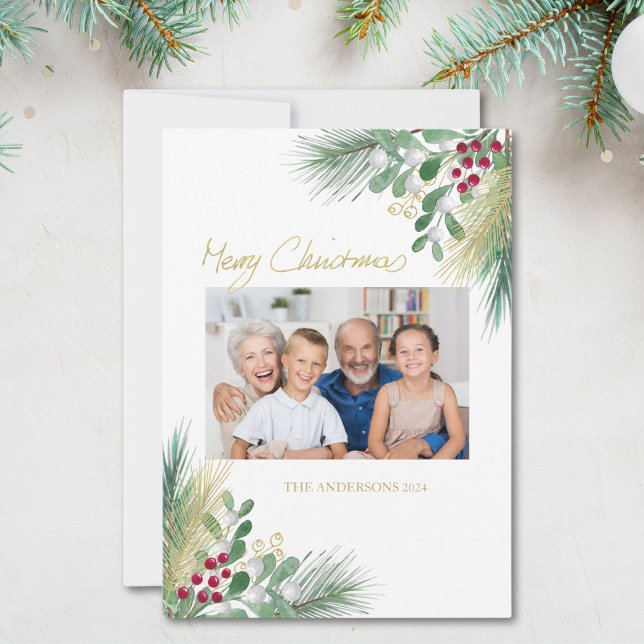 Merry Christmas Family Photo Greenery Holiday Card (Creator Uploaded)