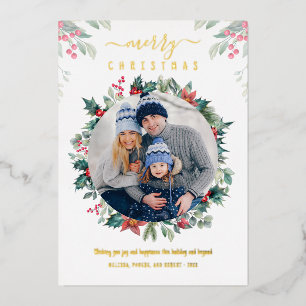 Merry Christmas Family Photo Mistletoe Gold Foil Holiday Card
