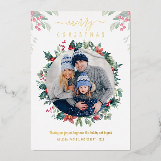 Merry Christmas Family Photo Mistletoe Gold Foil Holiday Card (Front)