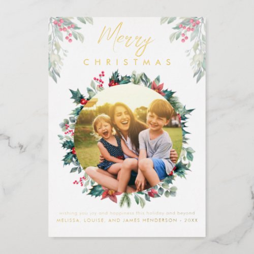 Merry Christmas Family Photo Mistletoe Gold Foil Holiday Card