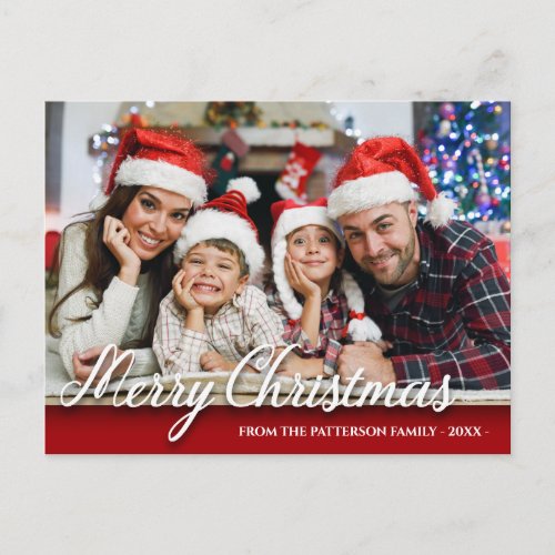 Merry Christmas Family Photo Modern Red Postcard