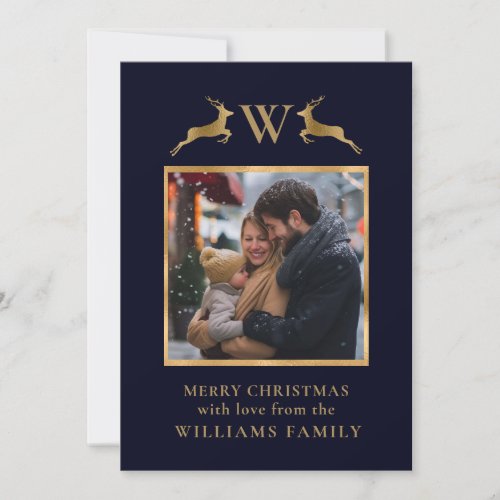 Merry Christmas Family Photo Monogram Gold Deer Holiday Card