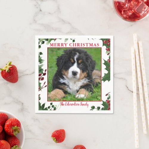 Merry Christmas family photo monogram name Napkins