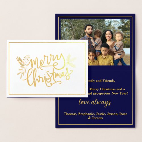 Merry Christmas  Family Photo Navy Gold Foil Card