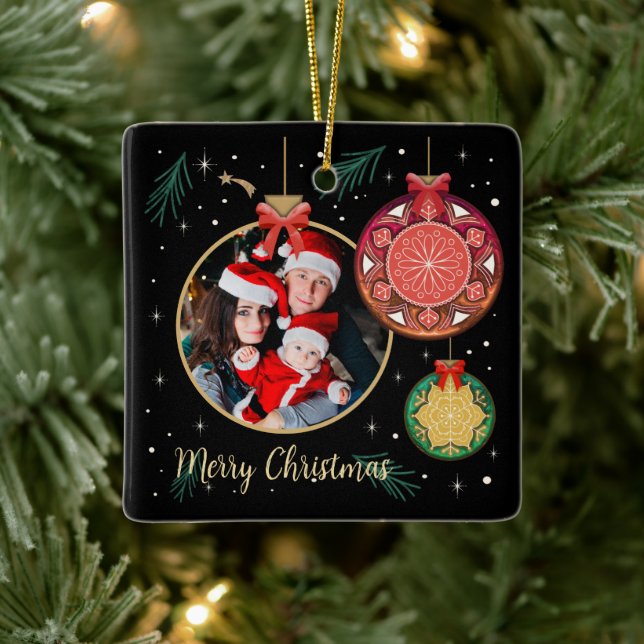 Merry Christmas Family Photo Personalize Ceramic Ornament (Tree)
