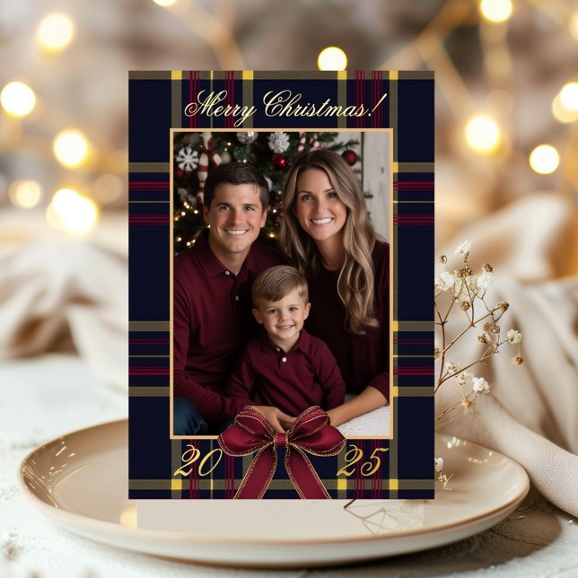 Merry Christmas family Photo Plaid Christmas Foil Invitation (Creator Uploaded)