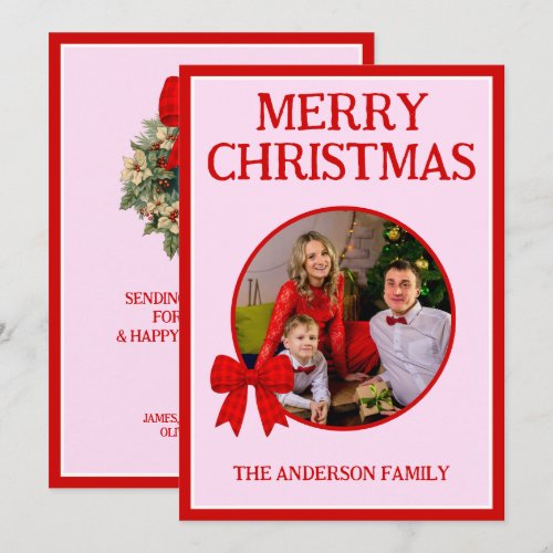 Merry Christmas Family Photo Red Gingham Bow Holiday Card