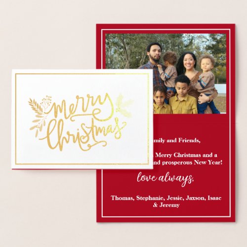 Merry Christmas Family Photo Red Gold Foil Card