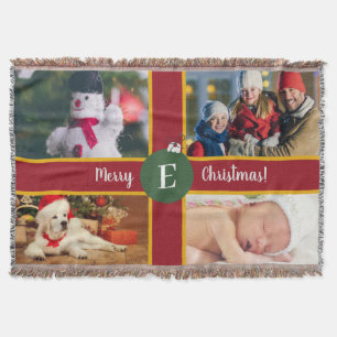 Merry Christmas Family Photo Red Green Monogram Throw Blanket