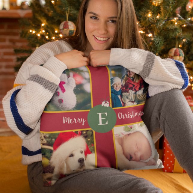 Merry Christmas Family Photo Red Green Monogram Throw Pillow (Creator Uploaded)