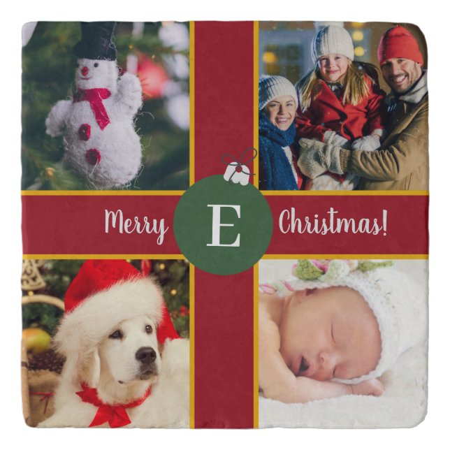Merry Christmas Family Photo Red Green Monogram Trivet (Front)