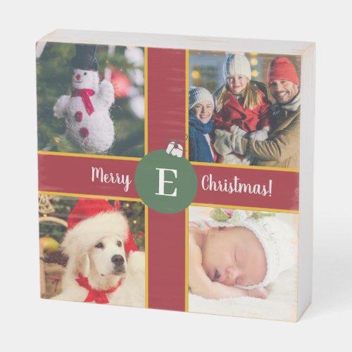 Merry Christmas Family Photo Red Green Monogram Wooden Box Sign