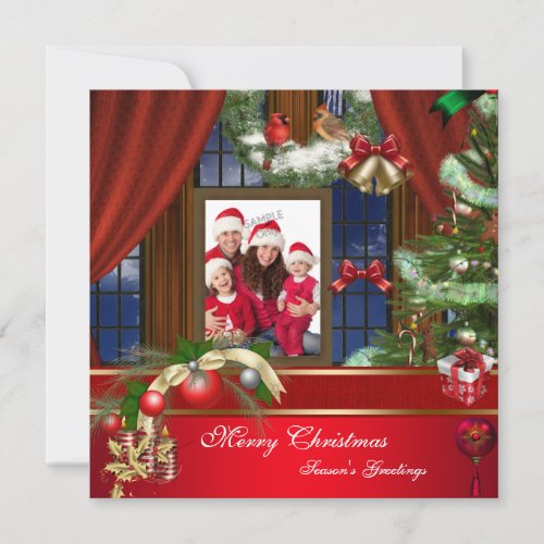 Merry Christmas Family Photo Red Green Window Holiday Card