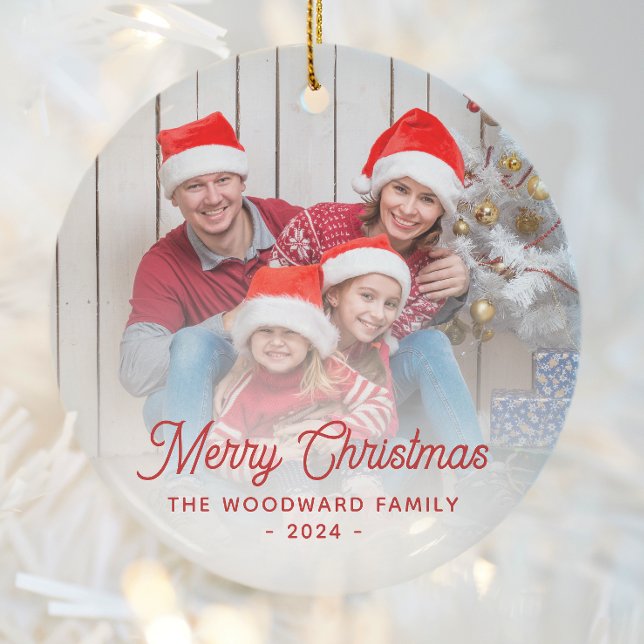Merry Christmas Family Photo Red Script Ceramic Ornament (Creator Uploaded)
