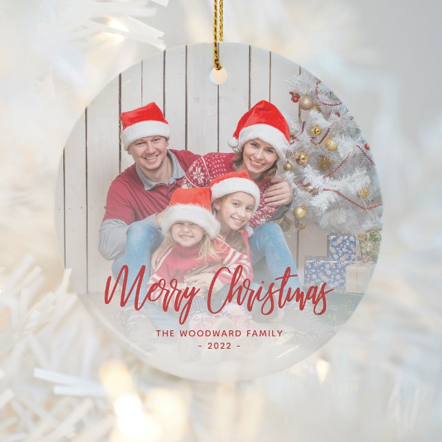 Merry Christmas Family Photo Red Script Ceramic Ornament (Creator Uploaded)
