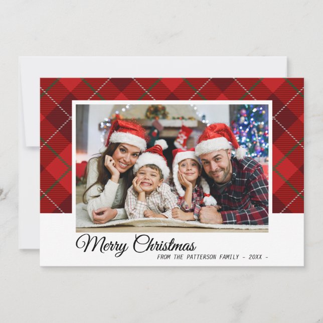 Merry Christmas Family Photo Red Tartan Style Card (Front)