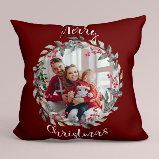 Merry Christmas family photo red Throw Pillow (Creator Uploaded)