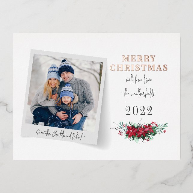 Merry Christmas Family Photo Rose Gold Foil Holiday Postcard (Front)