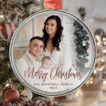 Merry Christmas Family Photo Rose Gold Script Metal Ornament<br><div class="desc">Spread holiday cheer to friends and family with this modern keepsake ornament. The rose gold faux foil text reads "Merry Christmas" in elegant handwriting script. Replace the sample image with your favorite photo,  and add your family name and the year. A white gradient filter helps make the text pop.</div>
