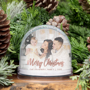 Merry Christmas Family Photo Rose Gold Script Snow Globe