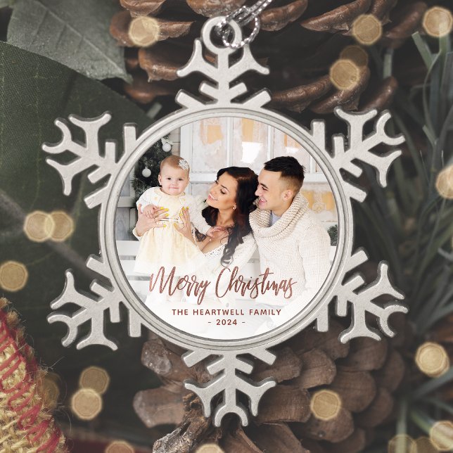 Merry Christmas Family Photo Rose Gold Script Snowflake Pewter Christmas Ornament (Creator Uploaded)