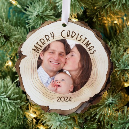 Merry Christmas Family Photo Rustic Wood Ornament Card
