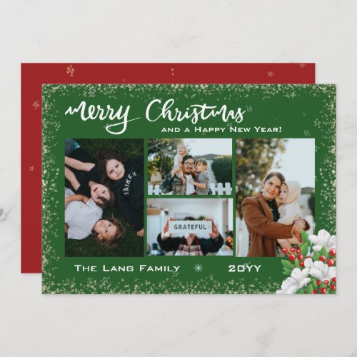 Merry Christmas Family Photo Snow Winter Florals Holiday Card