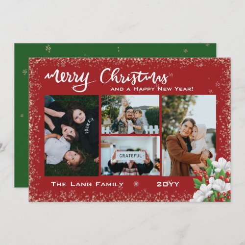 Merry Christmas Family Photo Snow Winter Florals  Holiday Card